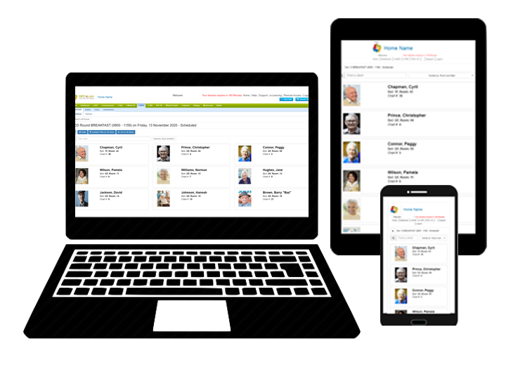 Laptop, table & phone with Med e care software