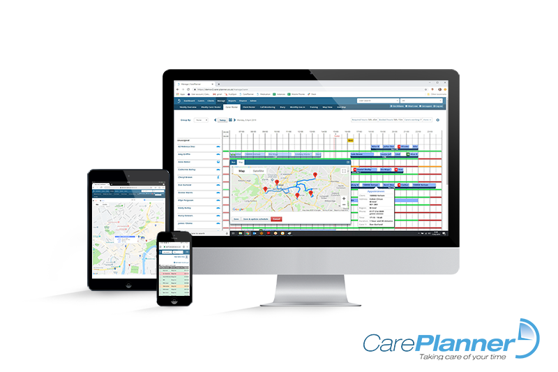 Image of CarePlanner on a screen, iPad and phone